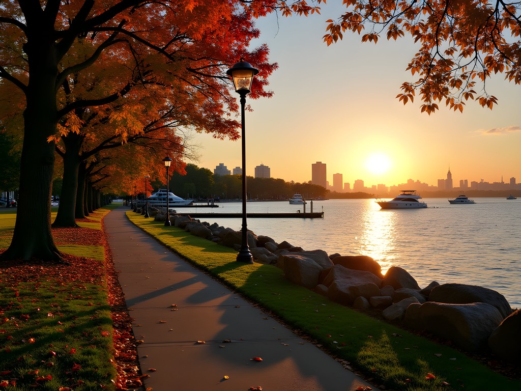 Business traveler enjoying sunset at Five Islands Park in New Rochelle