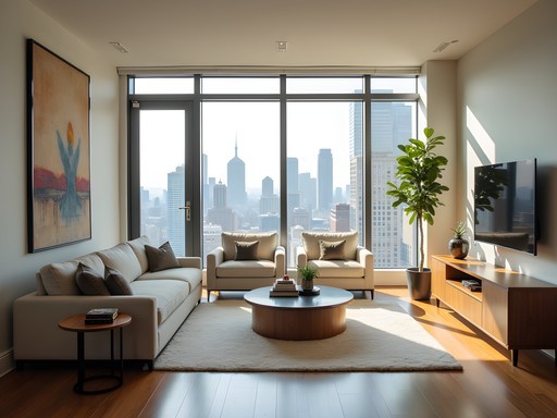 Spacious luxury apartment living room in NYC with city views