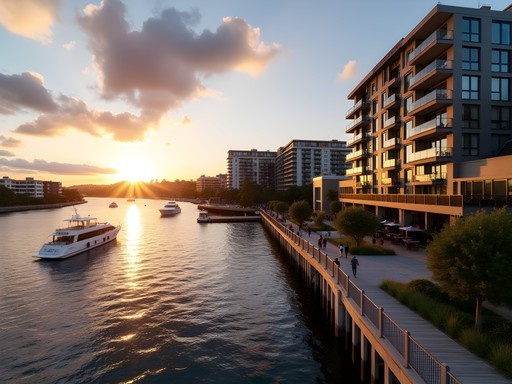 Modern apartments and hotels along Newcastle's Honeysuckle harbourfront at sunset