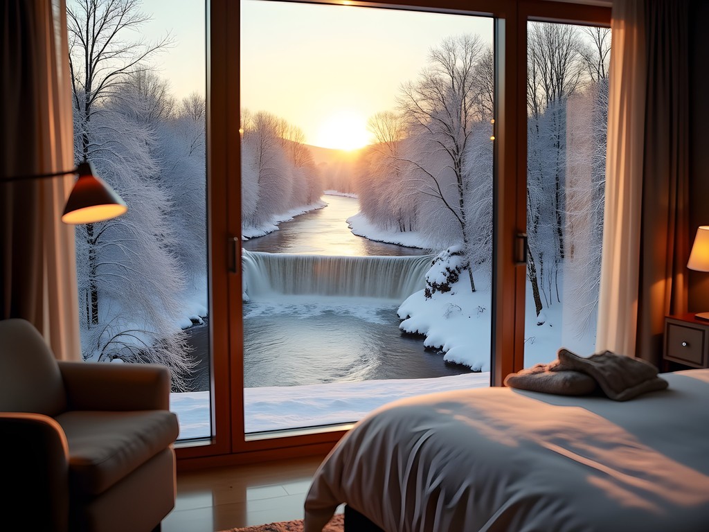 Snow-covered riverside view from Radisson Blu Nydalen hotel room in Oslo winter