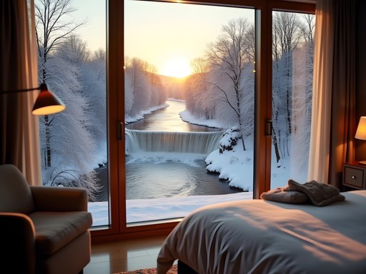 Snow-covered riverside view from Radisson Blu Nydalen hotel room in Oslo winter