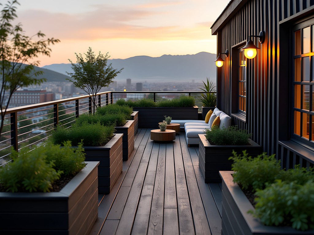 Saga Poshtel's rooftop garden with panoramic view of Oslo skyline at sunset