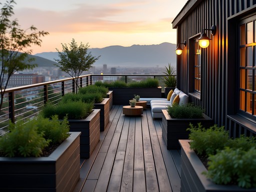 Saga Poshtel's rooftop garden with panoramic view of Oslo skyline at sunset