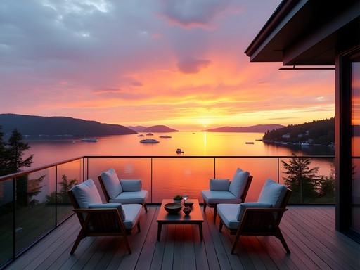 Sunset view of Oslo Fjord from The Thief Hotel balcony