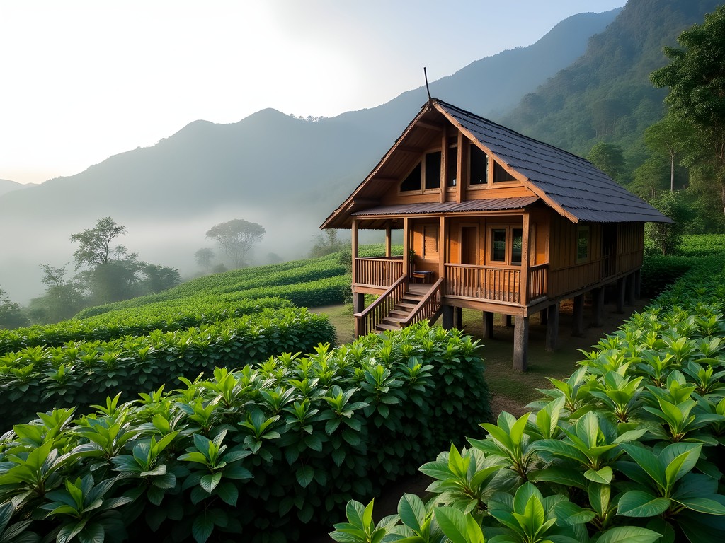 Traditional wooden eco-lodge on stilts surrounded by coffee plants on Bolaven Plateau