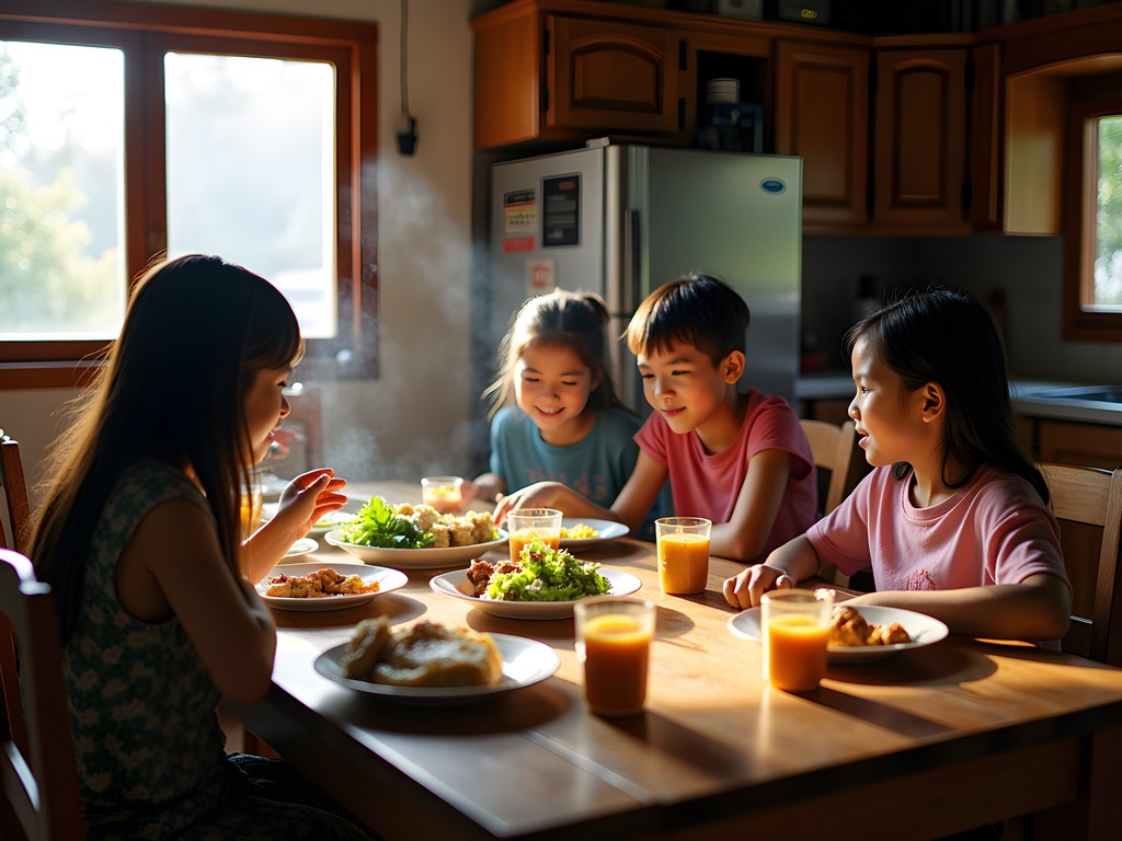 Families sharing breakfast at communal table in Pakse guesthouse