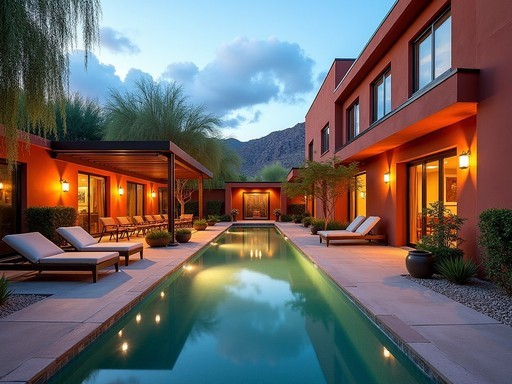 ARRIVE Phoenix's stylish pool area at sunset with midcentury design elements and mountain views