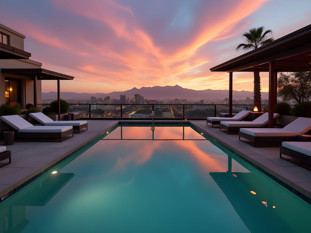 Panoramic sunset view from The Clarendon Hotel's rooftop pool overlooking Phoenix skyline and mountains