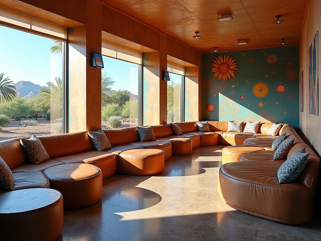 Industrial-chic guest room at Found:RE Phoenix featuring local artwork and floor-to-ceiling windows