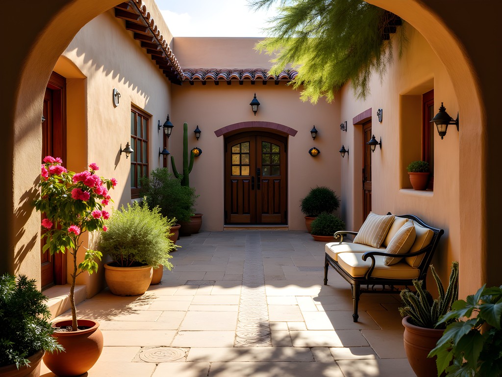 Historic hacienda courtyard at The Hermosa Inn with adobe architecture, flowering desert plants, and traditional Southwestern elements