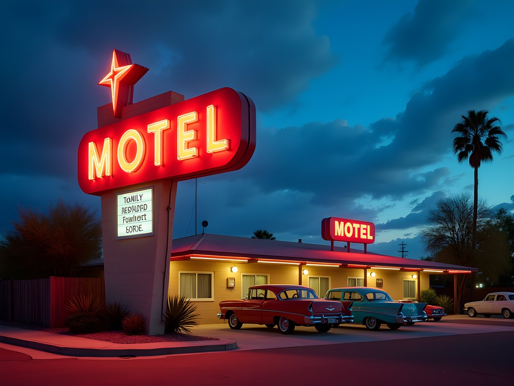The Rebel Motel's restored vintage neon sign glowing against twilight sky with midcentury architecture visible