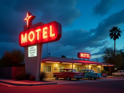 The Rebel Motel's restored vintage neon sign glowing against twilight sky with midcentury architecture visible