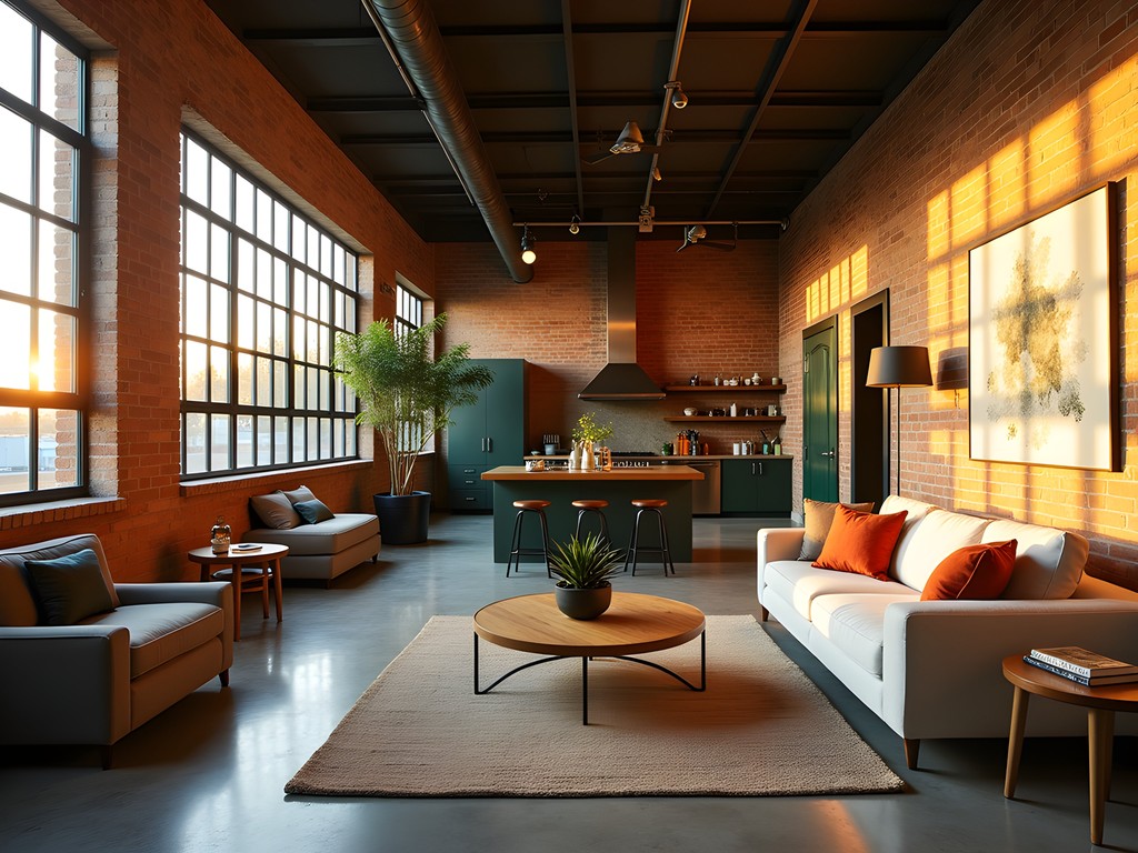 Spacious industrial loft apartment with brick walls, high ceilings, and large windows filtering golden sunset light
