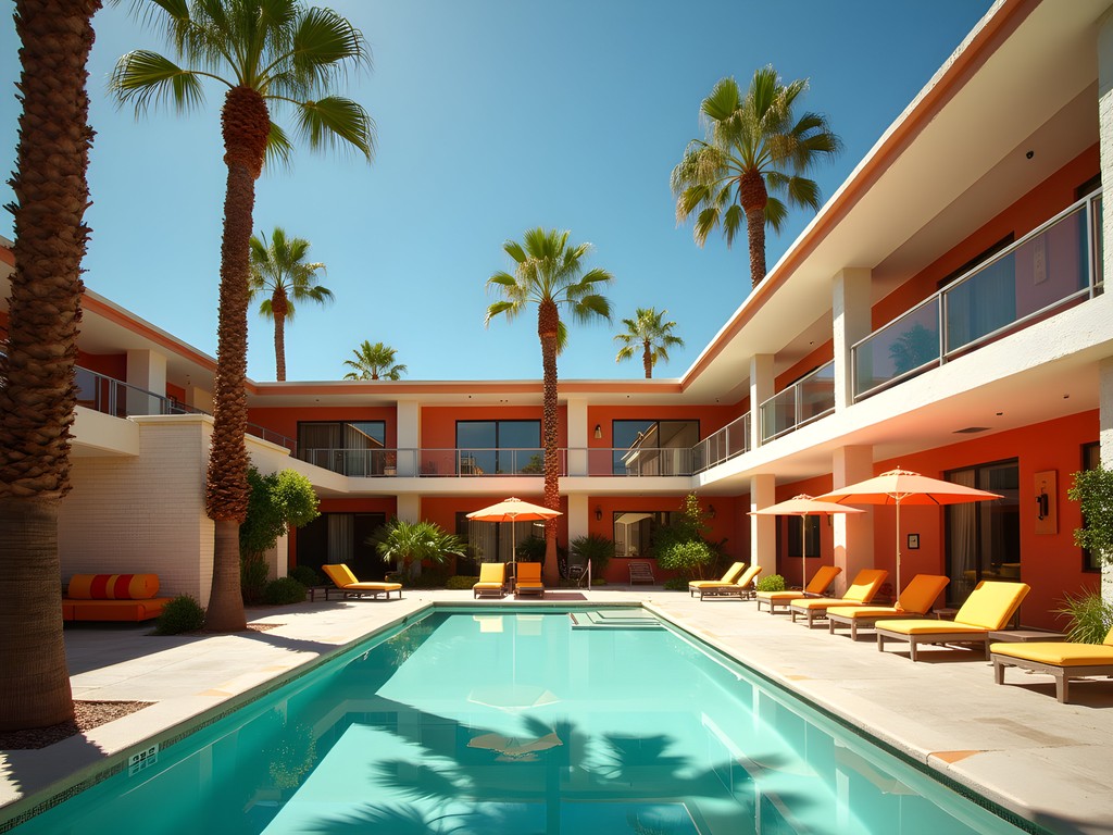 Hotel Valley Ho's iconic midcentury modern pool area with palm trees, cabanas, and distinctive architectural elements