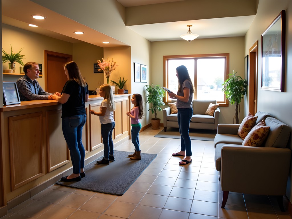 Family checking into a budget-friendly hotel in Pierre with comfortable lobby area