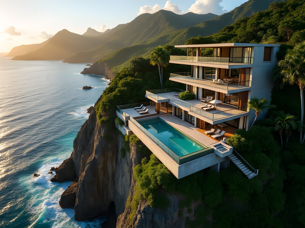 Luxury modern villa with infinity pool on cliff overlooking Caribbean Sea in Portsmouth, Dominica