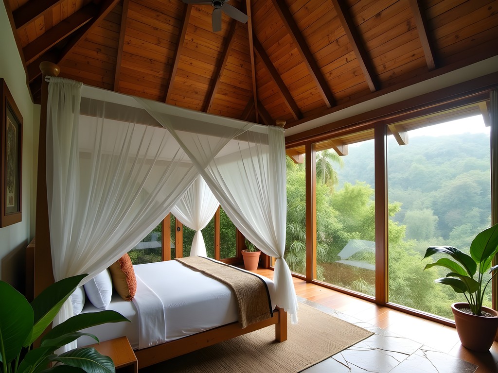 Eco-luxury villa interior with panoramic rainforest views in northern Dominica