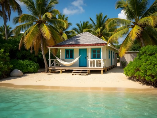 Rustic beachfront cottage with hammock overlooking Caribbean Sea in Portsmouth, Dominica