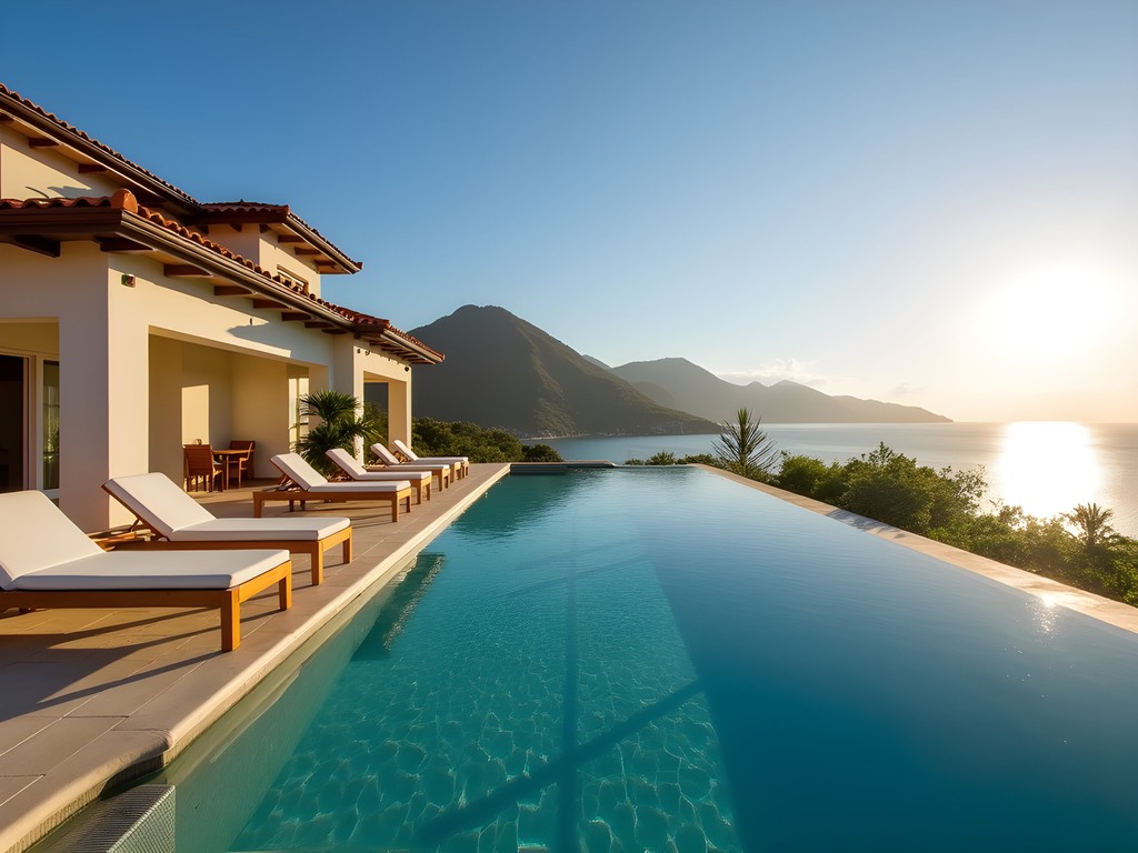 Luxury infinity pool overlooking Prince Rupert Bay at boutique hotel in Portsmouth, Dominica