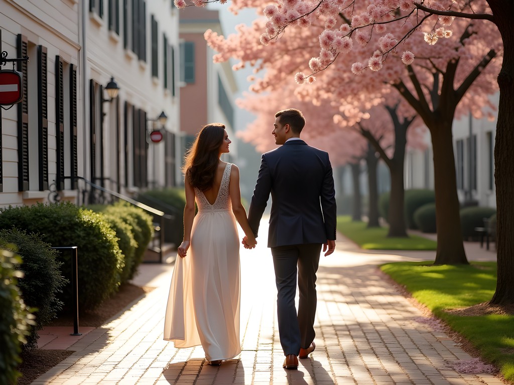 Couple walking through Portsmouth Virginia Olde Towne historic district in spring