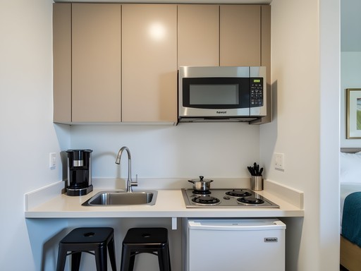 Modern kitchenette in an extended-stay hotel suite in Riverside with dining counter and basic cooking facilities