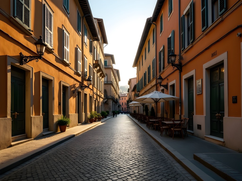 Early morning view of empty cobblestone street in Rome's Centro Storico with golden sunlight