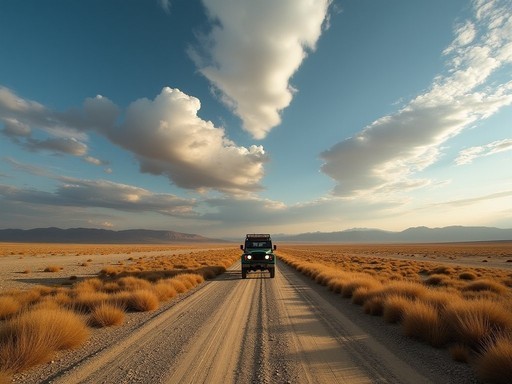 4x4 vehicle on remote Gobi Desert road with vast landscape and dramatic clouds