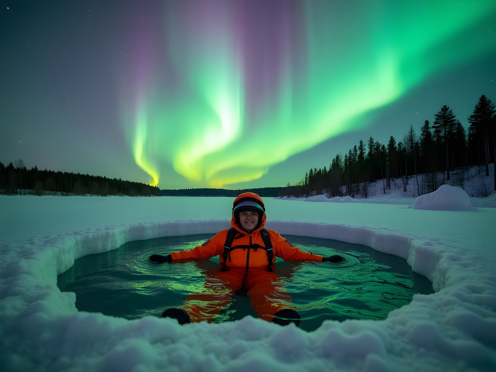 Ice floating experience at Apukka Resort under the Northern Lights