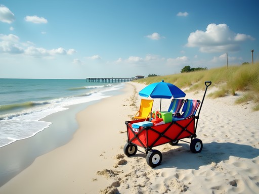 Family enjoying beach day at Sandbridge Beach Virginia with beach gear and wagon
