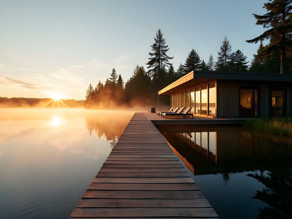Luxury spa hotel on Lake Saimaa with morning mist rising from water at sunrise
