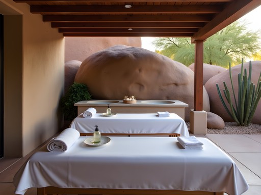 Outdoor spa treatment area at The Boulders Resort with ancient granite formations and desert landscape