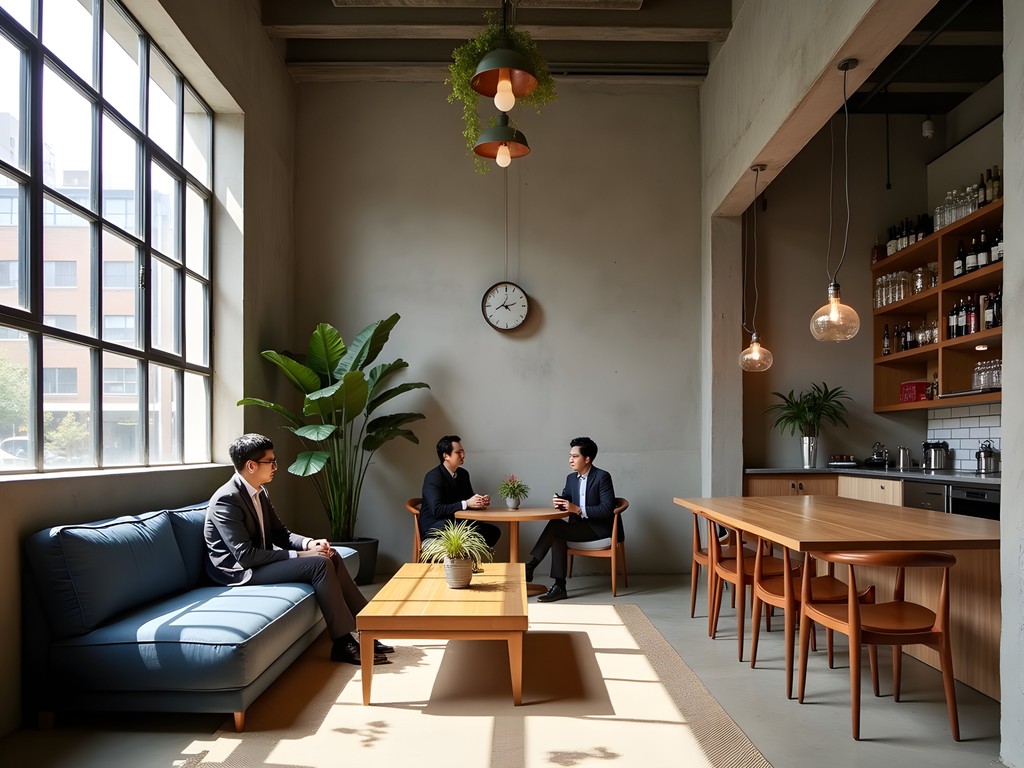 Business meeting in converted industrial space cafe in Seongsu-dong district