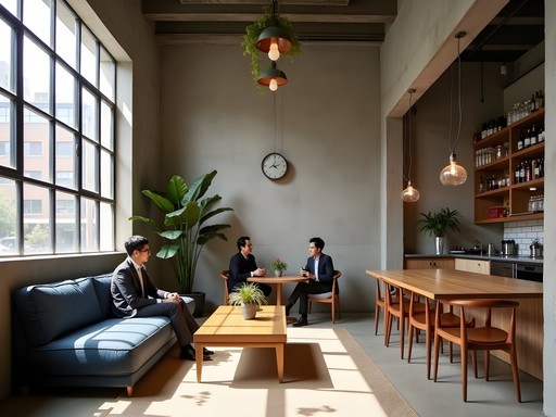 Business meeting in converted industrial space cafe in Seongsu-dong district