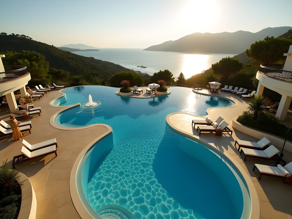Multi-level infinity pools cascading toward Agia Paraskevi Beach at Atrium Hotel Skiathos