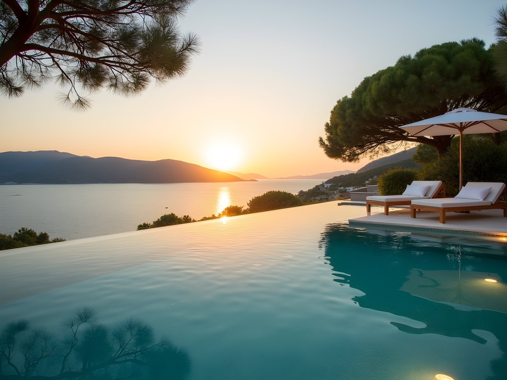 Luxury infinity pool overlooking Koukounaries Beach at sunset at Elivi Skiathos