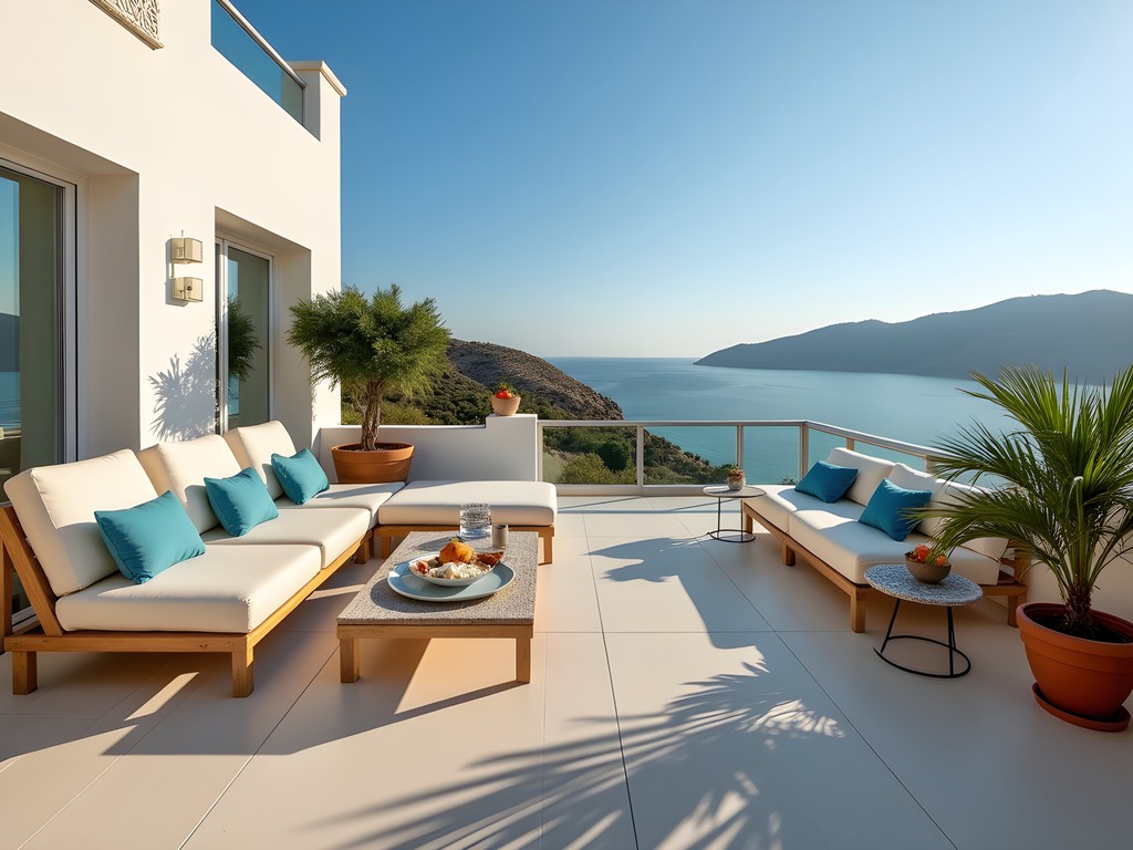 Bohemian-chic private terrace with panoramic sea views at Skiathos Blu boutique hotel