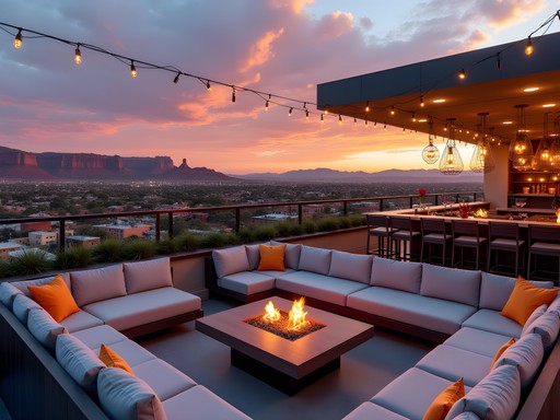 Rooftop bar with panoramic views of St. George downtown and red rock formations at sunset
