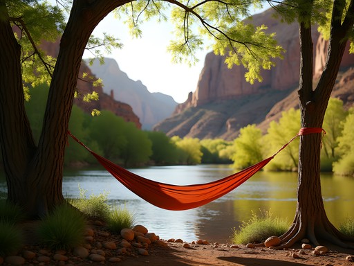 Hammock by Virgin River with Zion National Park canyon walls in background at Cliffrose Springdale
