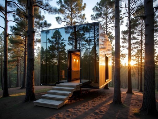 Mirrorcube treehouse with mirrored exterior reflecting pine forest at Treehotel in Harads