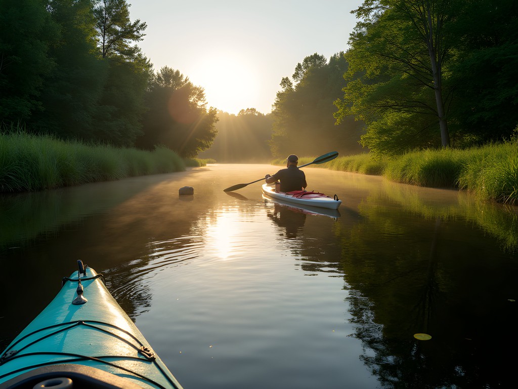 Kayaking on peaceful creek in Toms River New Jersey summer morning