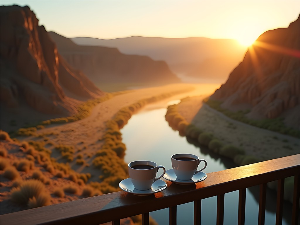 Sunrise over Snake River Canyon from Canyon Springs Resort balcony in Twin Falls Idaho