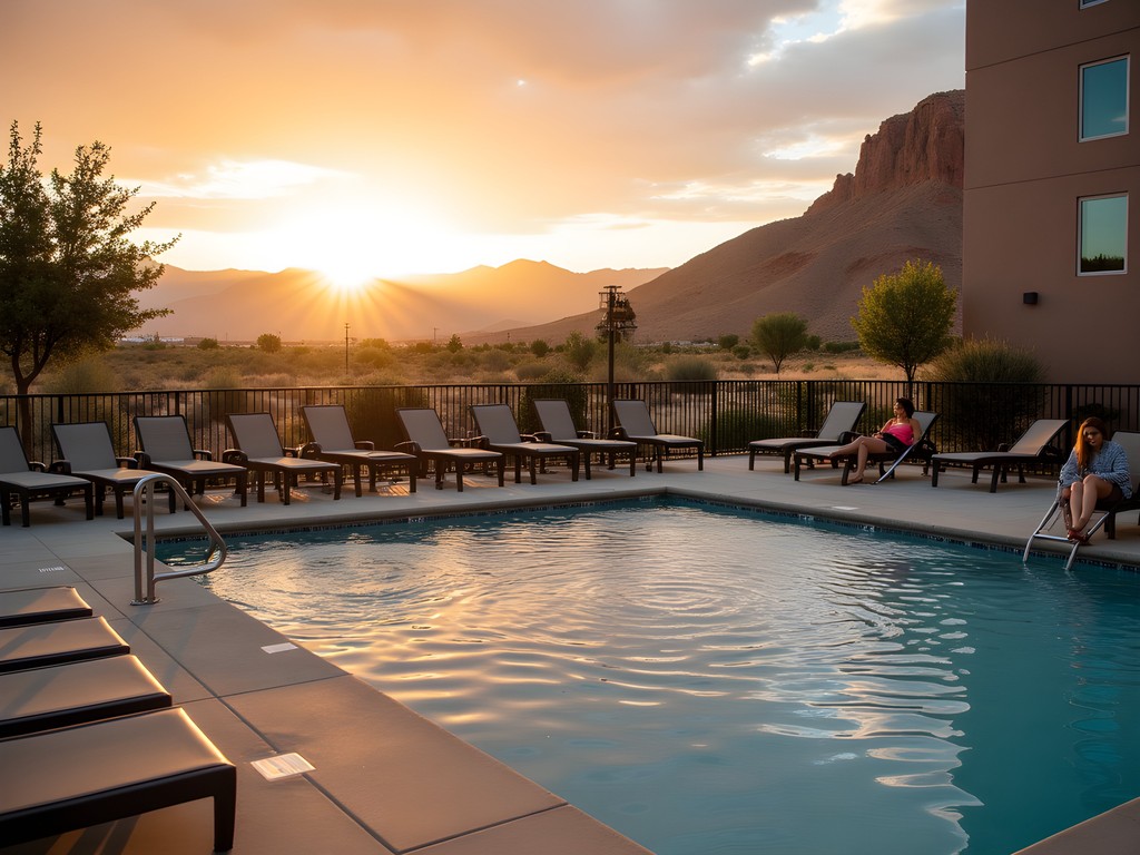 Sunset poolside view at La Quinta Inn Twin Falls with canyon landscape background