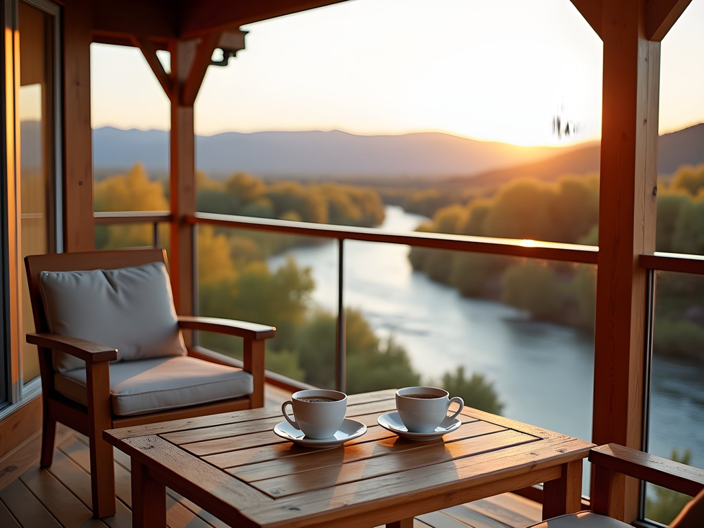 Morning coffee on private deck overlooking Snake River at vacation rental in Twin Falls
