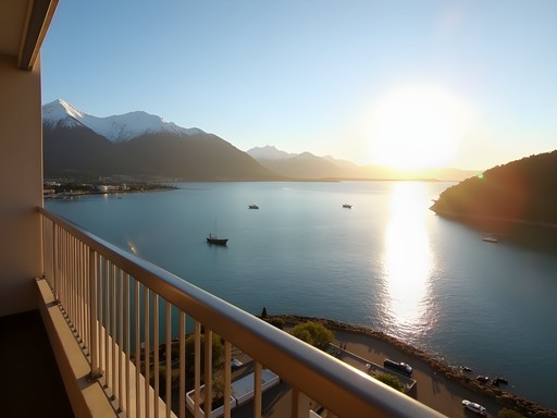 Panoramic view of Beagle Channel from hotel room balcony in Ushuaia