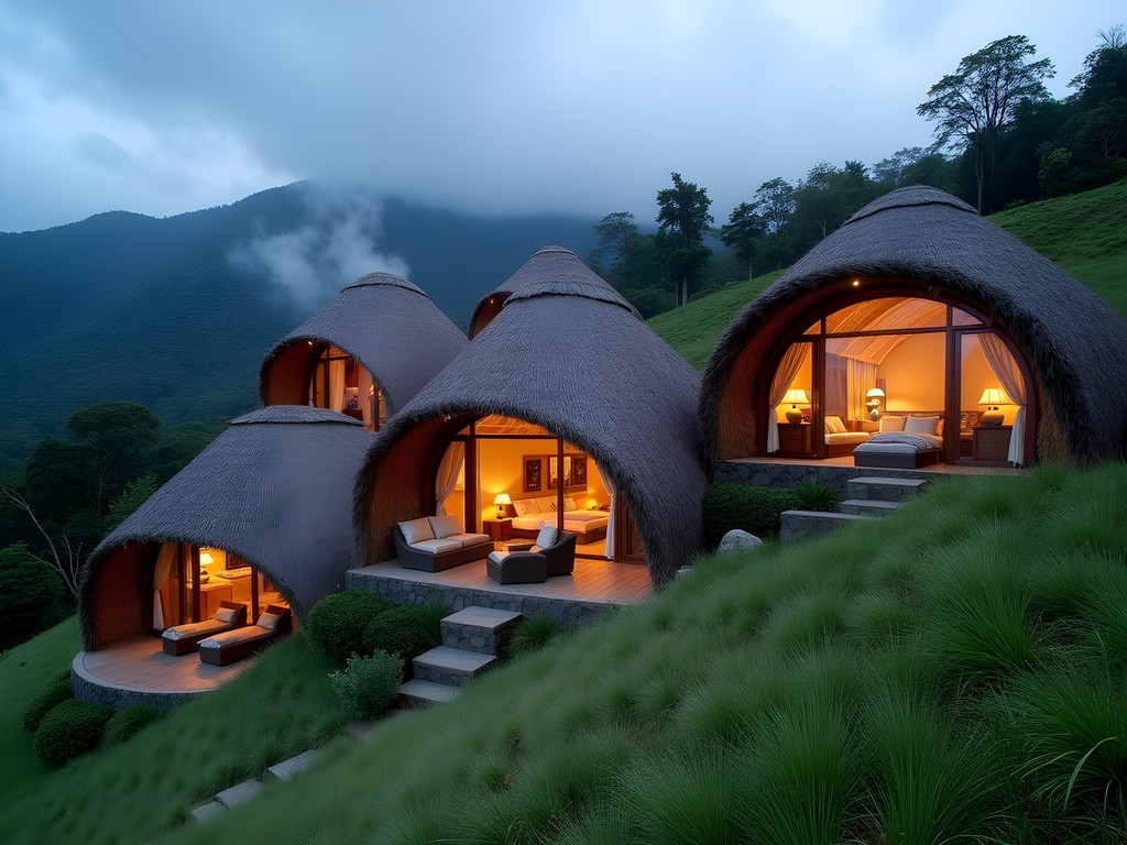 Distinctive thatched villa architecture of Bisate Lodge nestled on Rwanda hillside