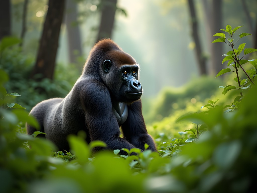 Travel writer observing mountain gorillas in Volcanoes National Park Rwanda