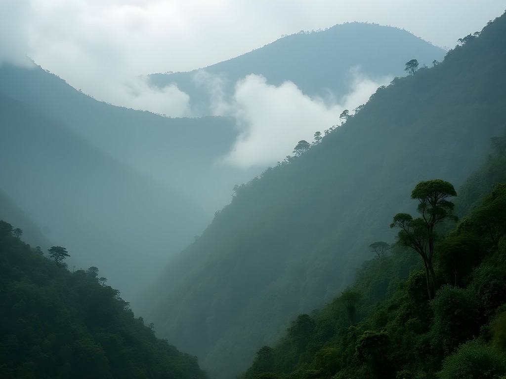 Misty mountains of Volcanoes National Park in Rwanda with lush green forests