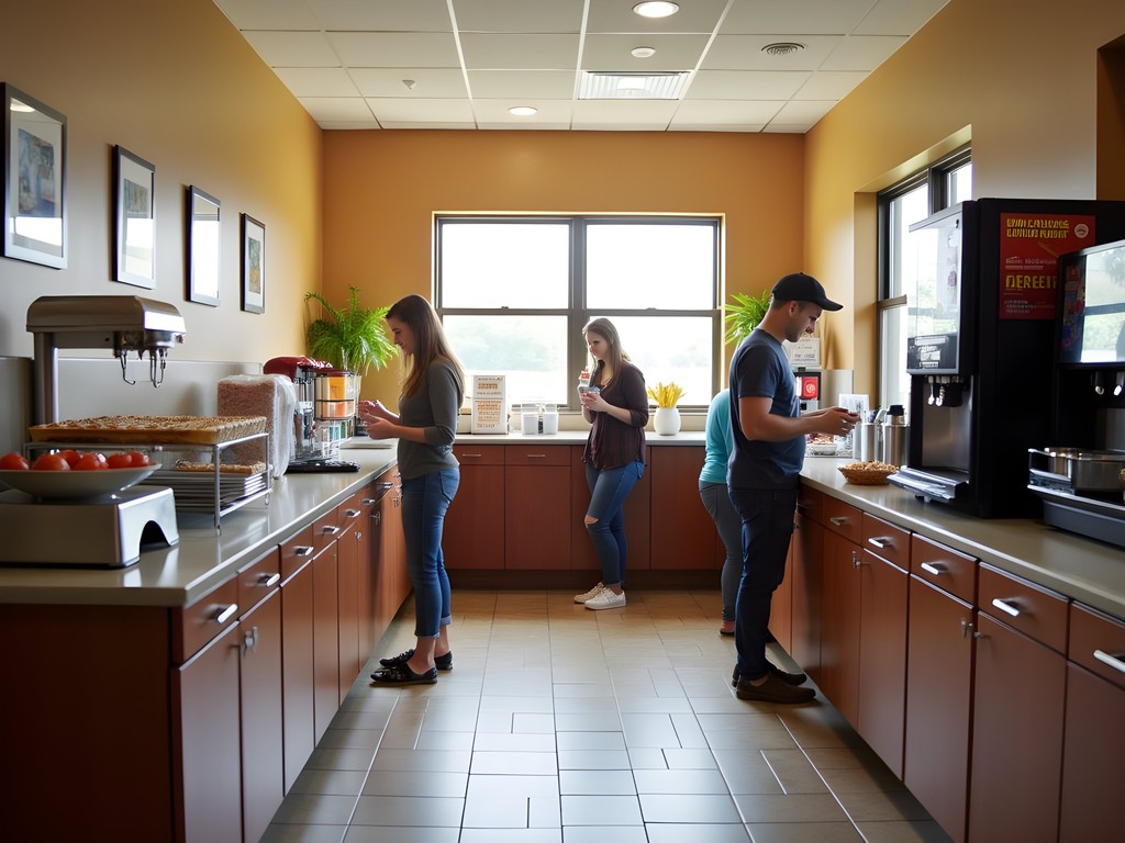 Family enjoying complimentary breakfast at a budget hotel in Watertown