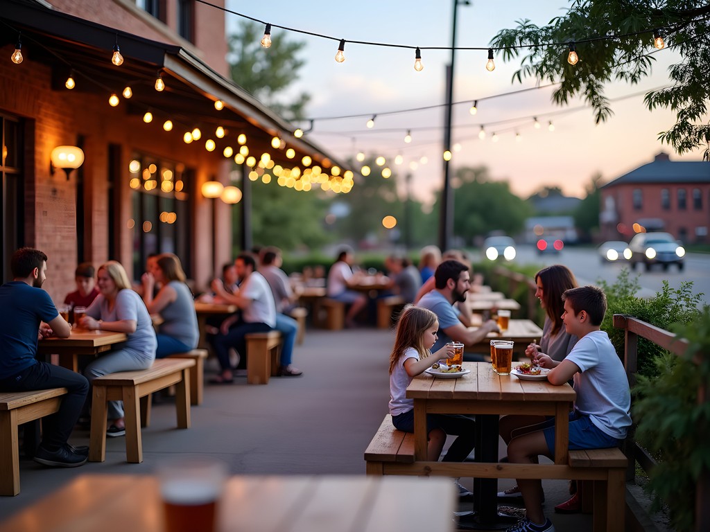 Family-friendly restaurant patio in downtown Watertown with children and parents dining