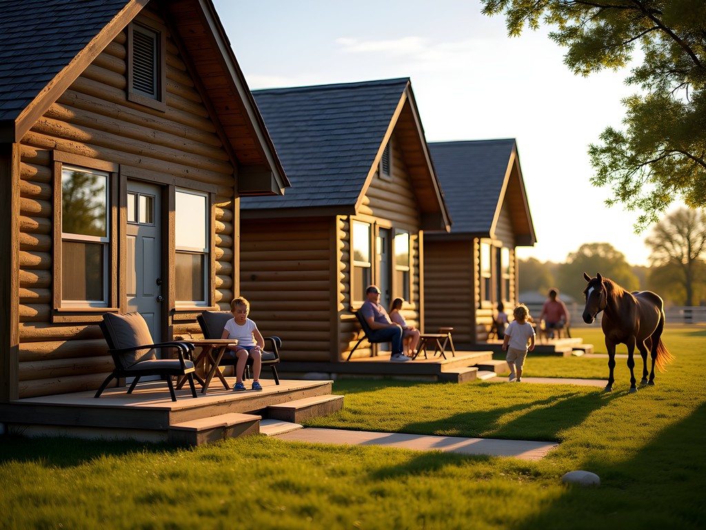 Historic cabins at Joy Ranch in Watertown with families enjoying outdoor activities